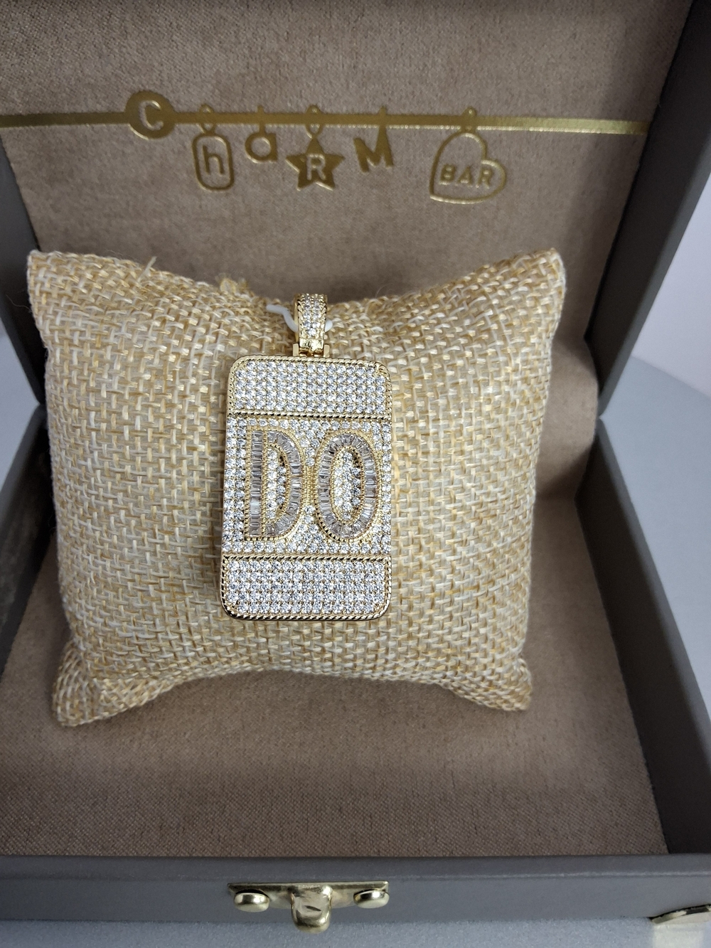 18kt Gold Filled DO Letter Dog Tag Rectangle Charm Pendant Pavé Cubic Zirconia